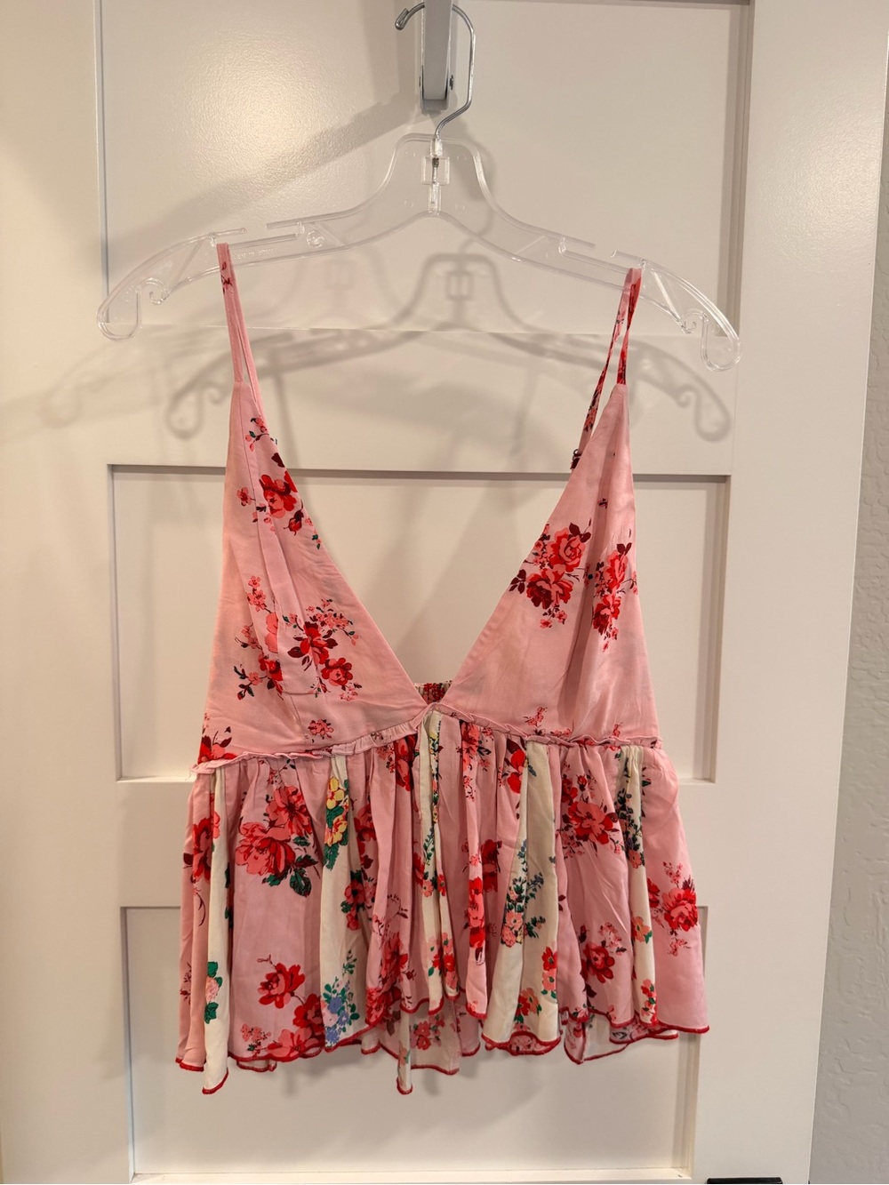 Free People Pink Floral Ruffled Tank with Green Accents